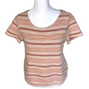 Green Envelope Women Sz S Short Sleeve Top Orange Tweed Raw Fringe Hem